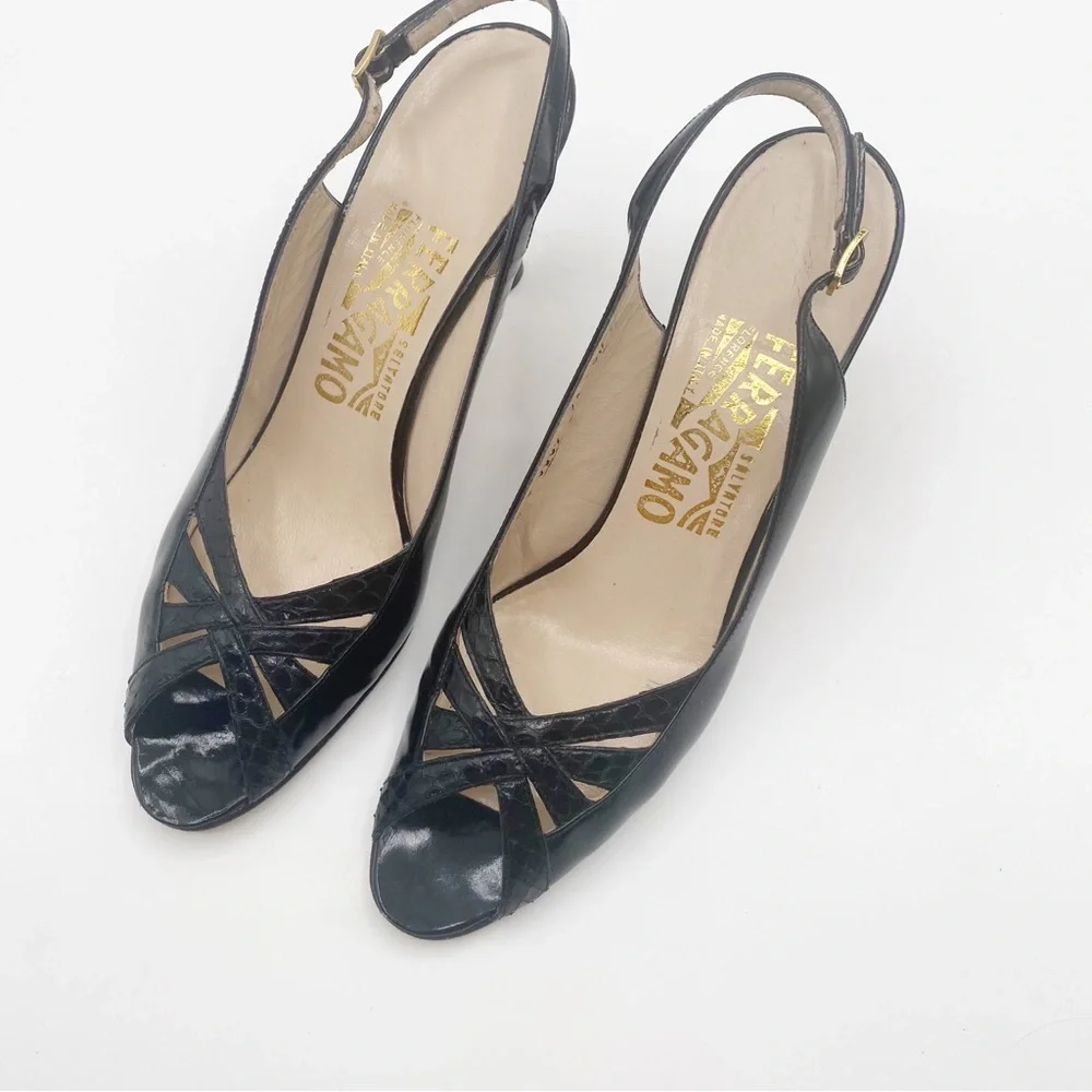 Salvatore Ferragamo Black Slingback Heels Party Cute Fancy Shoes 8.5 size